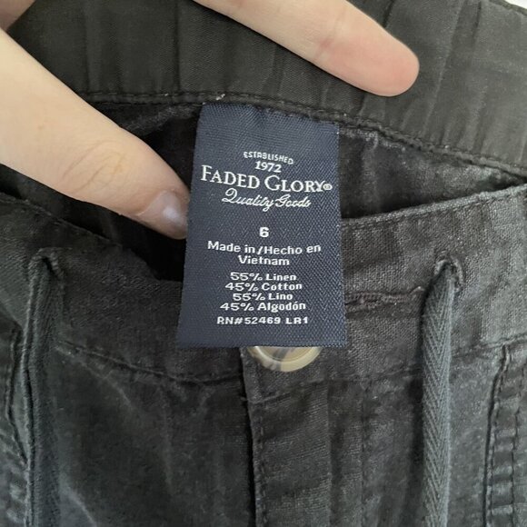 Faded Glory linen and cotton black shorts drawstring pockets casual summer - Picture 4 of 6